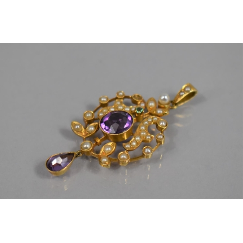 45 - An Early 20th Century 15ct Gold Pendant Mounted with Pearls, Peridot and Amethyst Coloured Stones in... 