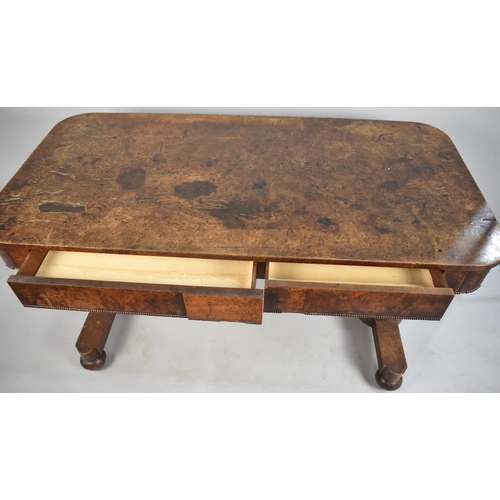 110 - A Mid 19th Century Burr Wood Two Drawer Side Table on Turned Supports, 137cm Wide