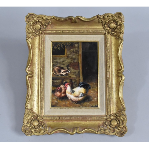 111 - A Small Gilt Framed Oil on Board, Chickens and Rabbit in Stable, 16.5x11.5cm