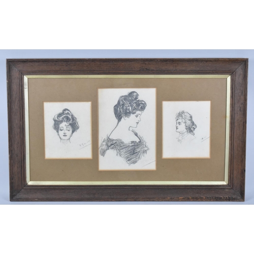 121 - A Frame Containing Three Pencil Sketches of an Edwardian Lady, Two Dated 1905, 65x39cm Overal