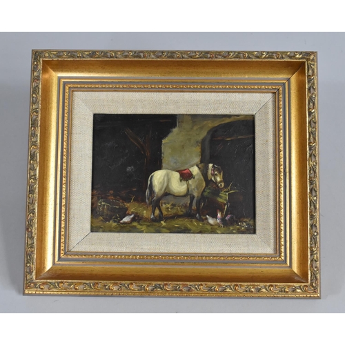 138 - A Small Gilt Framed Oil on Board, Pony and Chickens in Stable, 16.5x11.5cm