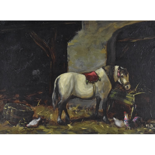 138 - A Small Gilt Framed Oil on Board, Pony and Chickens in Stable, 16.5x11.5cm