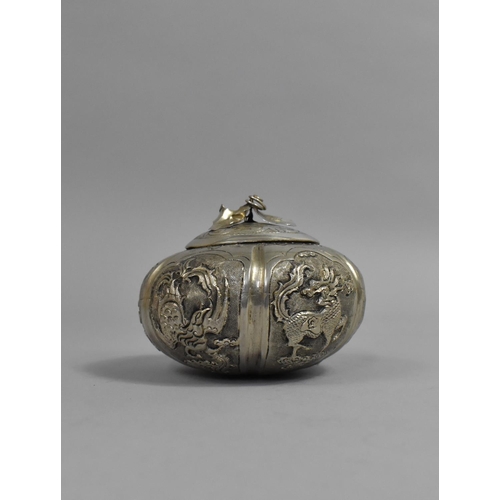 211 - A Chinese White Metal Lidded Pot of Squat Gourd Form decorated with Lobed Panels Incorporating Chara... 