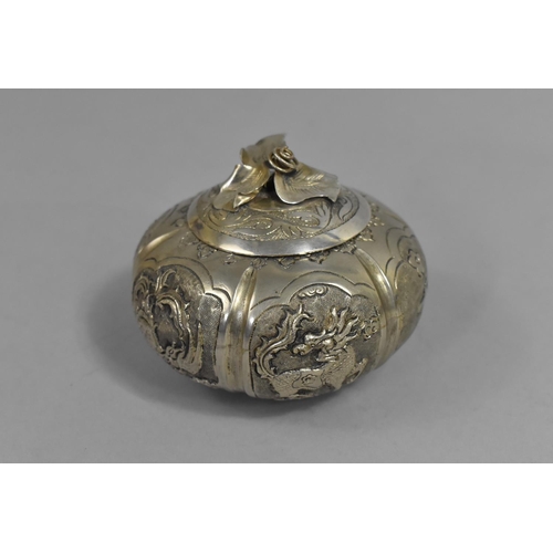 211 - A Chinese White Metal Lidded Pot of Squat Gourd Form decorated with Lobed Panels Incorporating Chara... 