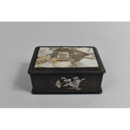 213 - A Chinese Mother of Pearl and Hardwood Inlaid Box Decorated with Flowers and House Scene, 12cms by 9... 