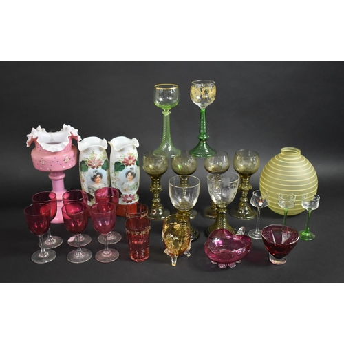 270 - A Collection of Various Glassware to comprise Opalescent Pink Glass Pedestal Bowl, having Ruffled Co... 