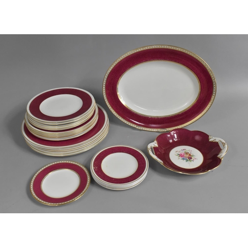 272 - A Collection of Various Wedgwood Burgundy Trim and White Dinnerwares to comprise Plates, Platter Etc... 