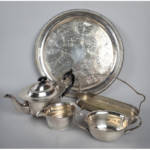 114 - A Circular Silver Plated Salver together with a Three Piece Service Etc