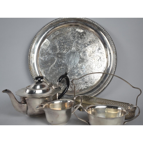 114 - A Circular Silver Plated Salver together with a Three Piece Service Etc