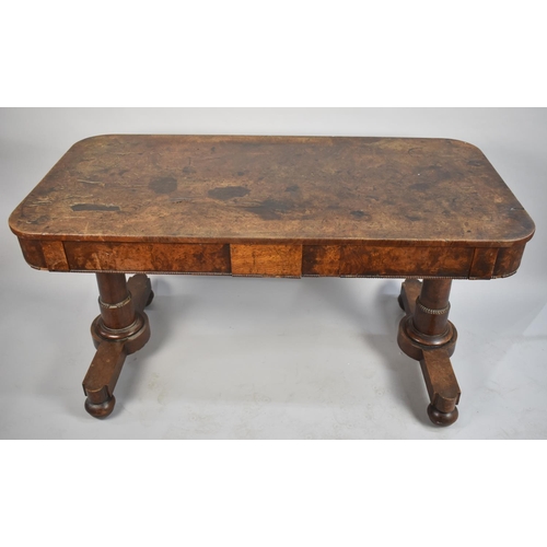 124 - A Mid 19th Century Burr Wood Two Drawer Side Table on Turned Supports, 137cm Wide