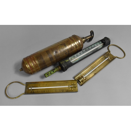 167 - A Vintage Brass Cased Fire Extinguisher, Two Jam Thermometers and a Steam Engine Thermometer