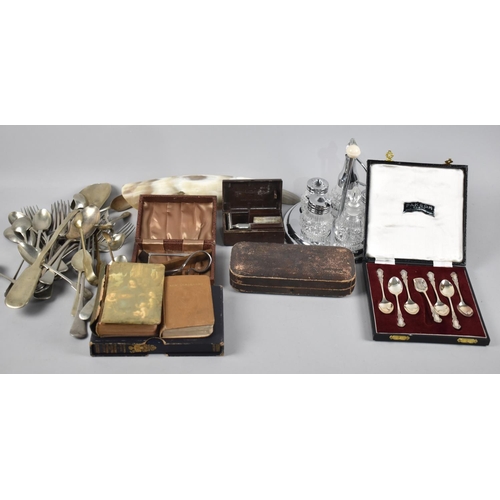 174 - A Collection of Sundries to Include Silver Plated Cutlery, Chrome and Glass Cruet, Safety Razor, Pra... 