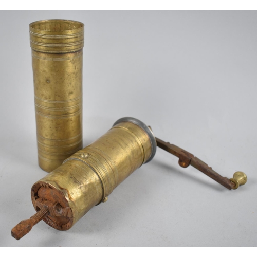 27 - A Cylindrical Brass Coffee Grinder, Bottom Plate Stamped 1714, 33cms Long