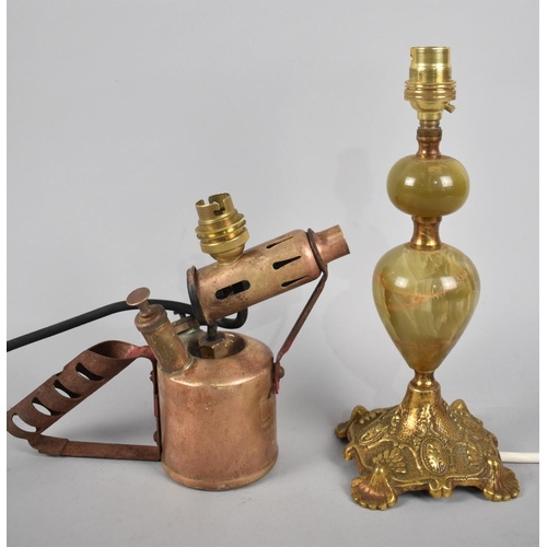 83 - A Novelty table Lamp Formed from a Blow Torch together with a Brass and Onyx Table Lamp