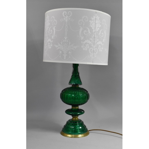 96 - A Mid 20th Century Brass and Green Glass Table Lamp and Shade, Overall Height 65cms