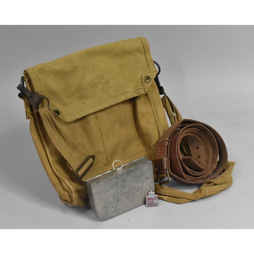 103 - A 1941 Canvas Pouch, Badge, Sandwich Tin and Leather Belt