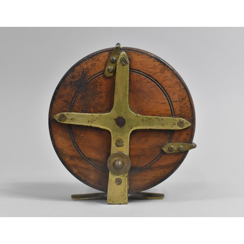 16 - A Late 19th/Early 20th Century Brass Mounted Wooden Fly Fishing Reel, 11cms Diameter