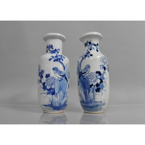 362 - A Near Pair of Chinese Porcelain Blue and White Rouleau Vases decorated with Bird standing on Rock w... 