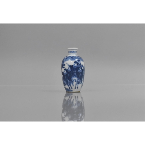 355 - A Chinese Porcelain Miniature Snuff Bottle decorated in Blue and White with Battle Scene depicting C... 