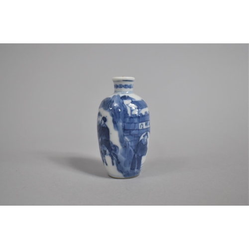 355 - A Chinese Porcelain Miniature Snuff Bottle decorated in Blue and White with Battle Scene depicting C... 