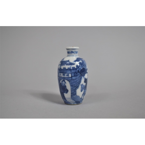 355 - A Chinese Porcelain Miniature Snuff Bottle decorated in Blue and White with Battle Scene depicting C... 