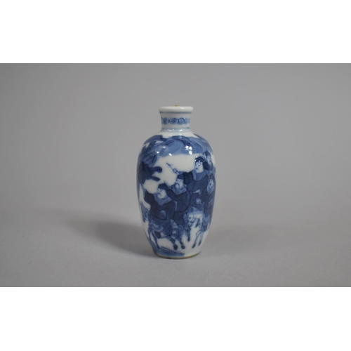 355 - A Chinese Porcelain Miniature Snuff Bottle decorated in Blue and White with Battle Scene depicting C... 