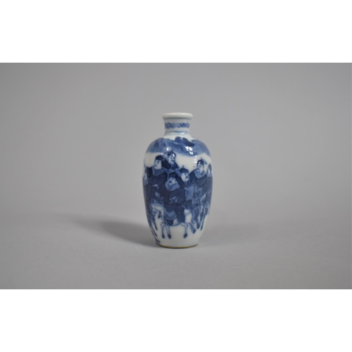 355 - A Chinese Porcelain Miniature Snuff Bottle decorated in Blue and White with Battle Scene depicting C... 