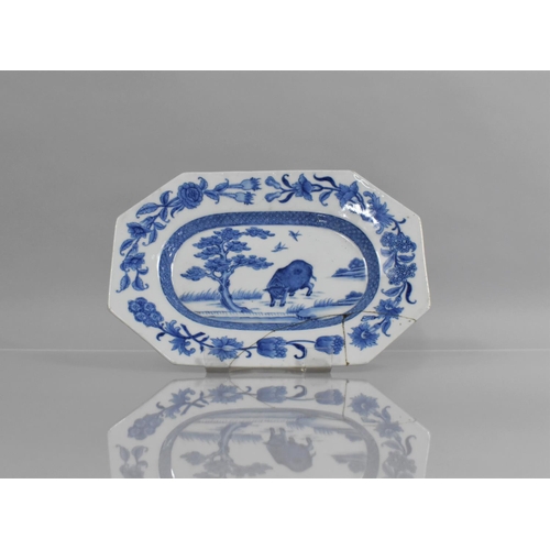 352 - An 18th Century Chinese Blue and White Rectangular Platter with Central Decoration depicting Cow at ... 