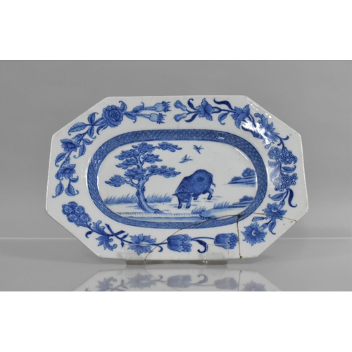 352 - An 18th Century Chinese Blue and White Rectangular Platter with Central Decoration depicting Cow at ... 