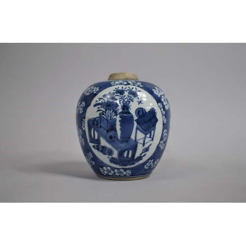 347 - An 18th/19th Century Chinese Blue and White Ginger Jar decorated with Antique Vase of Flower Cartouc... 