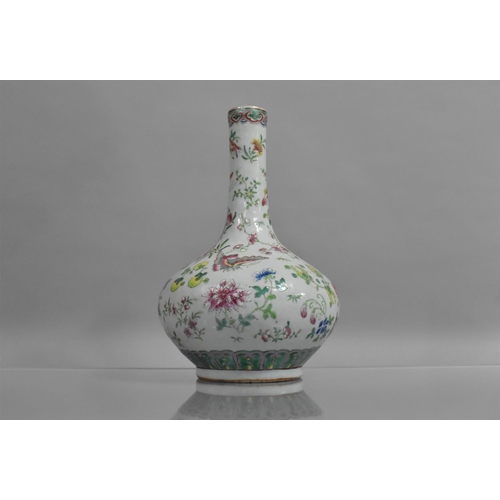 317 - A 19th Century Chinese Porcelain Celadon Glazed  Famille Rose Bottle Vase decorated with Flowers, Bu... 