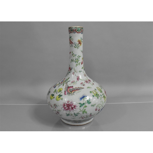 317 - A 19th Century Chinese Porcelain Celadon Glazed  Famille Rose Bottle Vase decorated with Flowers, Bu... 