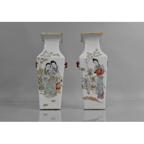 313 - A Pair of Chinese Republic Period Vases of Square Baluster Form, Decorated in the Famille Rose Palet... 