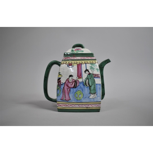 300 - A Chinese Yixing Enamelled Teapot of Rectangular Form Decorated with Interior Court Scenes with Figu... 