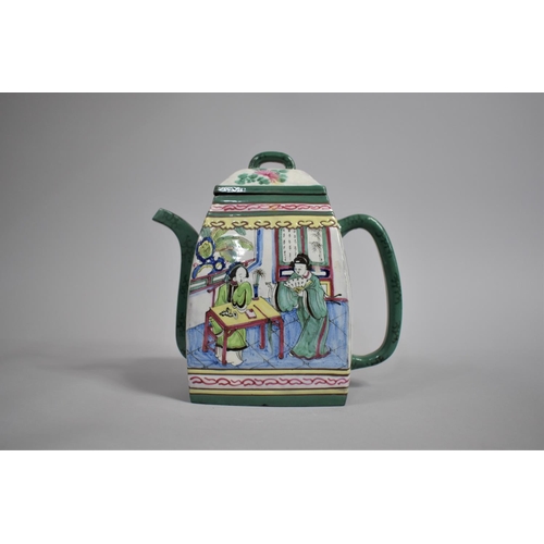 300 - A Chinese Yixing Enamelled Teapot of Rectangular Form Decorated with Interior Court Scenes with Figu... 