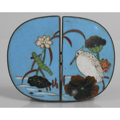 293 - A Japanese Cloisonne Buckle Decorated with Pond Scene having Heron and Plants on Blue Ground, 8cms W... 