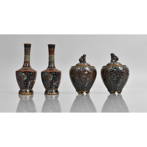 287 - A Pair of Japanese Cloisonne Vases of Bottle Hexagonal Form together with a Pair of Lidded Vases wit... 