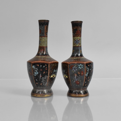 287 - A Pair of Japanese Cloisonne Vases of Bottle Hexagonal Form together with a Pair of Lidded Vases wit... 