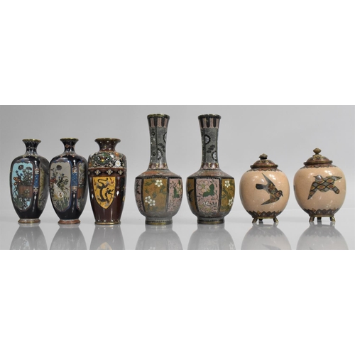 286 - A Collection of Japanese Cloisonne to Comprise Pair of Vases of Bottle Form having Hexagonal Bellies... 