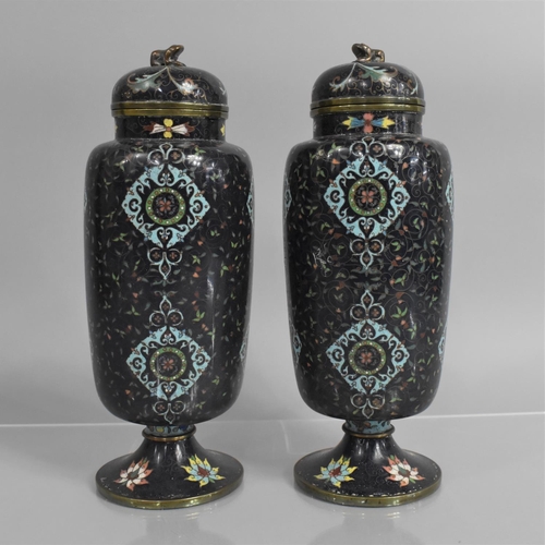 280 - A Pair of Cloisonne Vases and Covers Decorated in Polychrome Enamels on Blue Ground. Of Cylindrical ... 