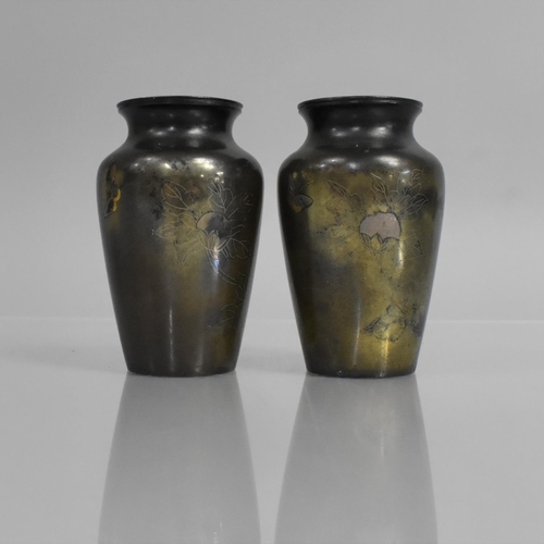 275 - A Pair of Japanese Bronze Vases decorated with Silvered Wire Work and Gilt Highlights depicting Blos... 