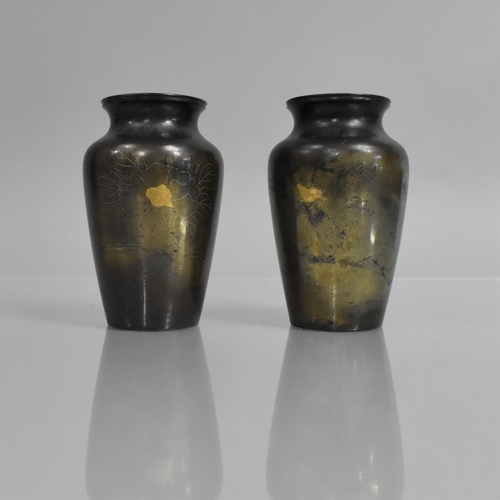 275 - A Pair of Japanese Bronze Vases decorated with Silvered Wire Work and Gilt Highlights depicting Blos... 