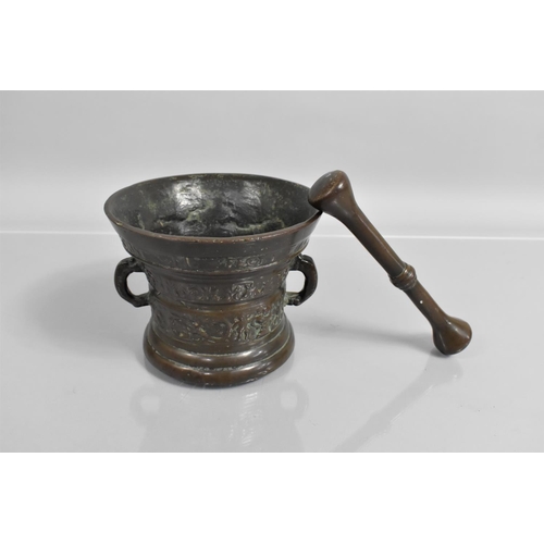 168 - A Heavy Cast Bronze Pestle and Mortar with Band of Foliage and Band of Putti and Vases with Top Insc... 