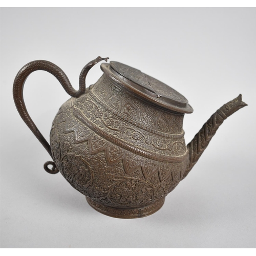 166 - An Indian Kashmir Metal Tilting Teapot with Intricate Foliate and Snake Decoration, Cobra Handle and... 