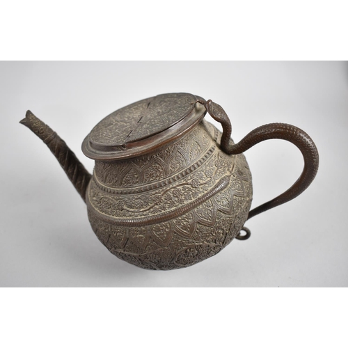 166 - An Indian Kashmir Metal Tilting Teapot with Intricate Foliate and Snake Decoration, Cobra Handle and... 