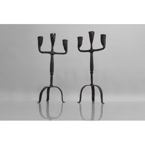 158 - A Pair of 18th Century Wrought Iron Three Branch Candelabra having Cruciform Stem Surmounted by Thre... 