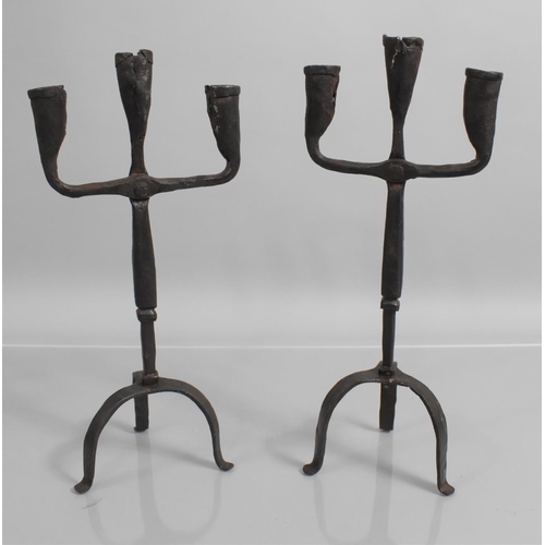 158 - A Pair of 18th Century Wrought Iron Three Branch Candelabra having Cruciform Stem Surmounted by Thre... 