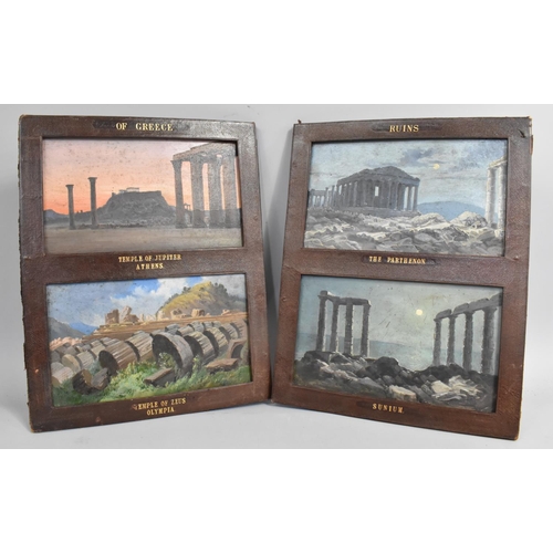 206 - A Pair of Leather Framed Grand Tour Double Oils on Board 'Ruins of Greece', Each Painting 23x13cms