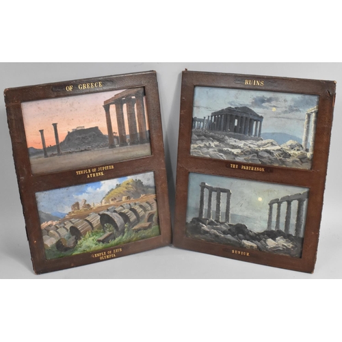 206 - A Pair of Leather Framed Grand Tour Double Oils on Board 'Ruins of Greece', Each Painting 23x13cms