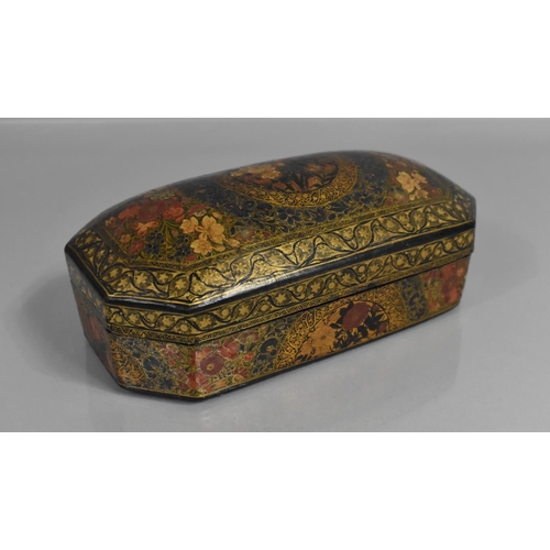 141 - A Kashmiri Papier Mache Box and Cover of Canted Rectangular Form with Polychrome Enamels on a Black ... 